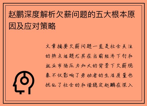 赵鹏深度解析欠薪问题的五大根本原因及应对策略
